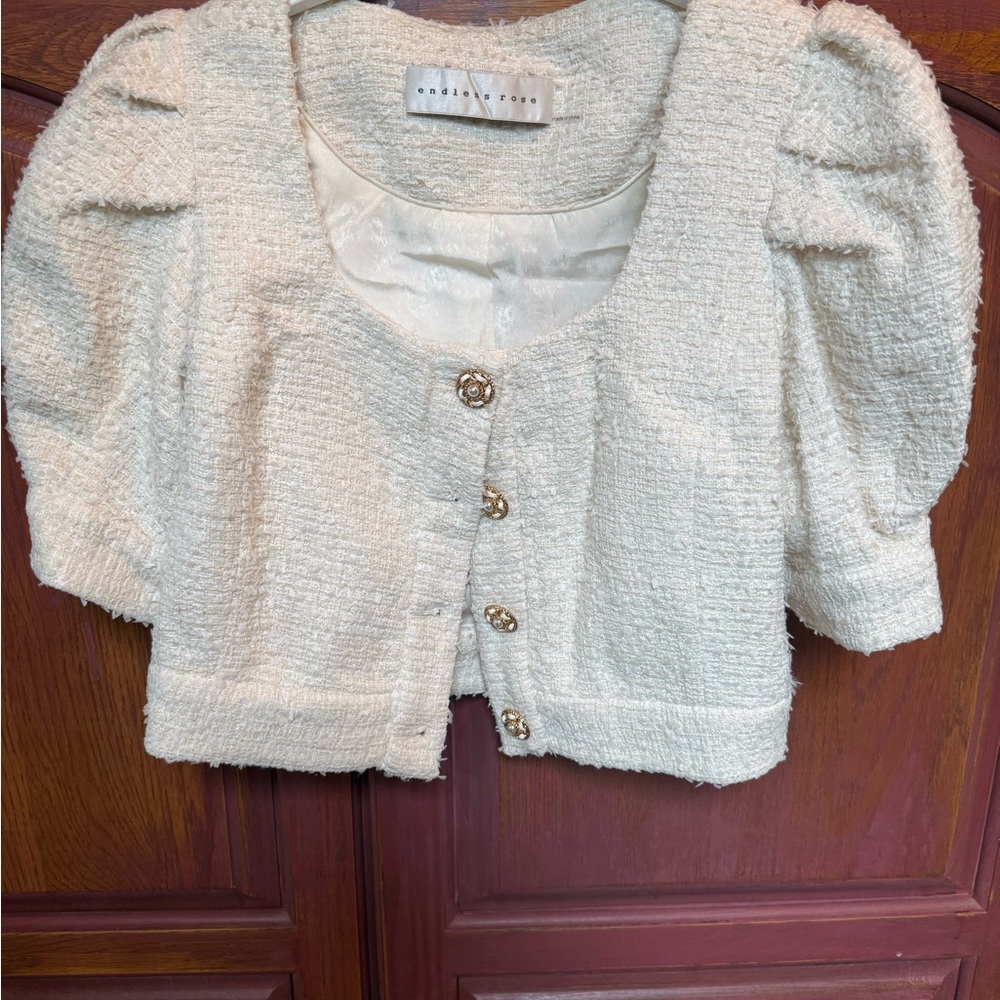 Endless Rose Cream Bouclé Cropped Puff-Sleeve Jacket